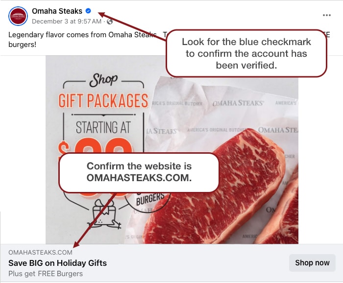 Omaha Steaks Facebook ad with text "look for the blue checkmark to confirm the account has been verified" and " confirm the website is OmahaSteaks.com"