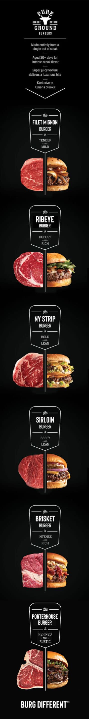 PureGround burger infographic featuring all 6 Omaha Steak Pureground burger blends and their flavor profiles