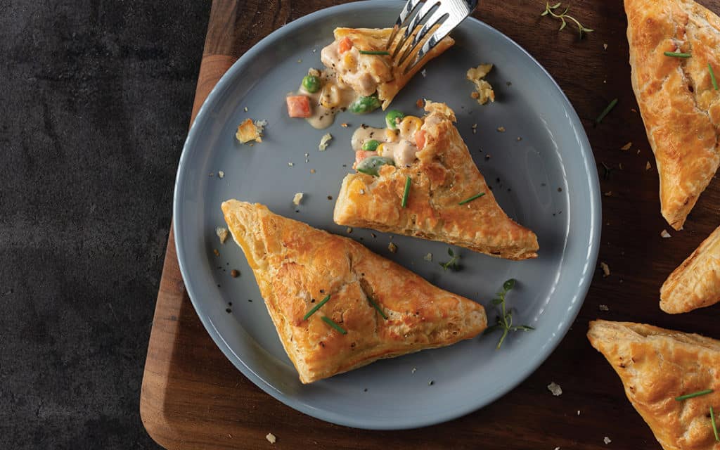 Chicken pot pie pockets filled with air-chilled chicken and a blend of vegetables