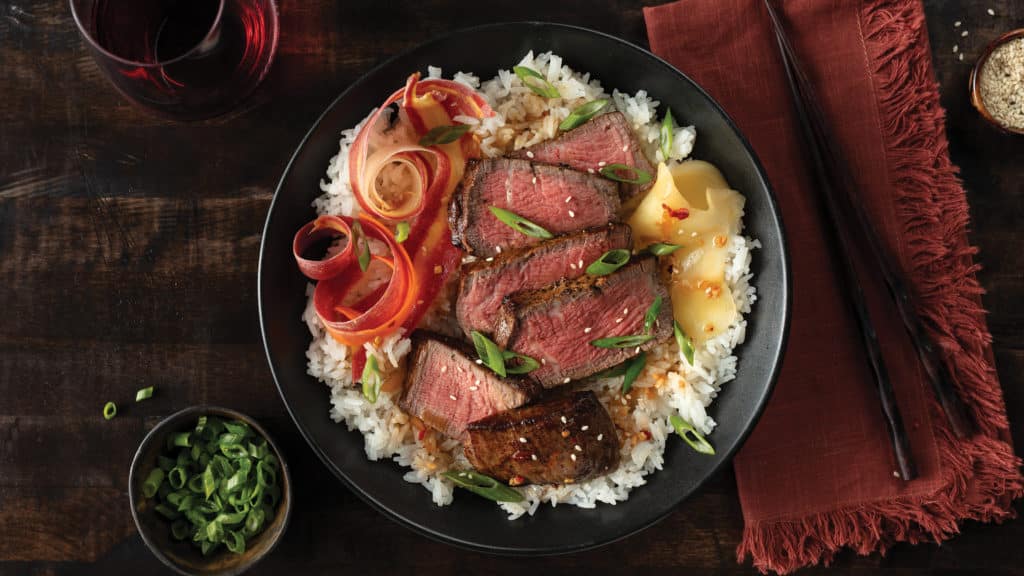 Japanese Beef Teriyaki with Sticky Rice in bowl