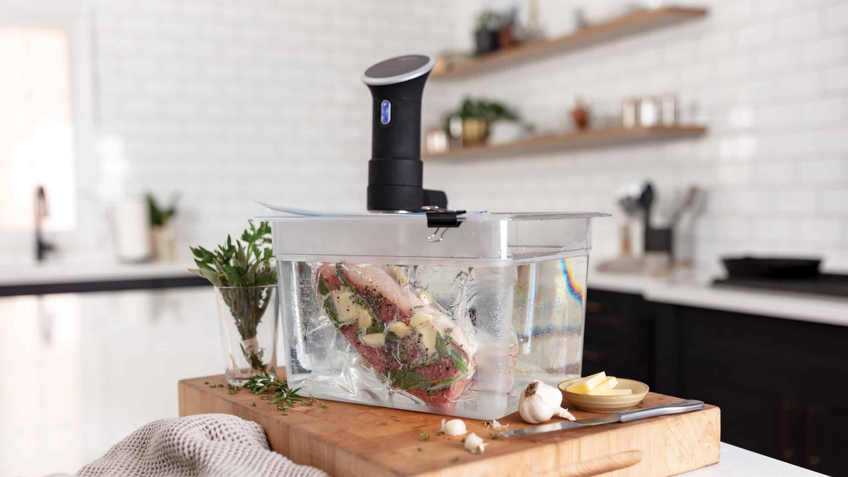 King Cut top sirloin in a sous vide with an Anova immersion circulator