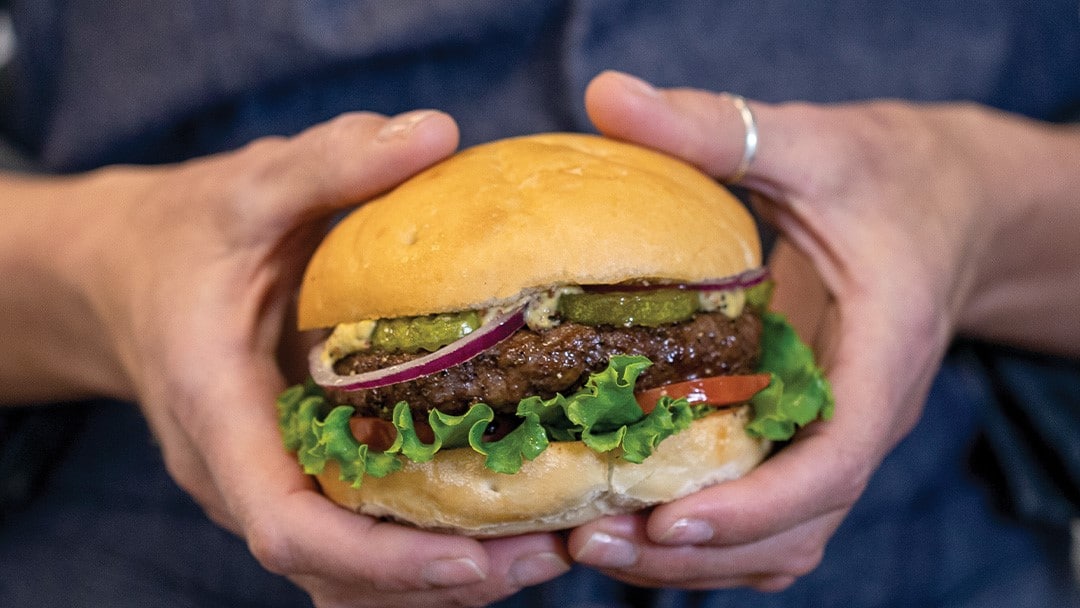 Person who holding hamburger with air fried burger, lettuce, tomato, pickles and red onion